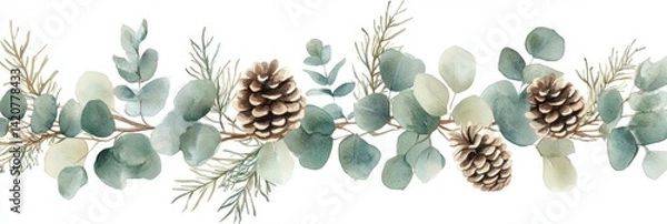 Fototapeta Watercolor Eucalyptus and Pine Cone Garland