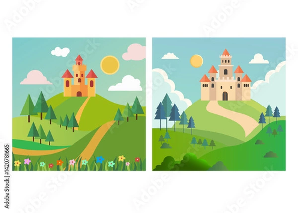 Obraz Fairy tale castle vector illustration set for cartoon series or book illustration for kid