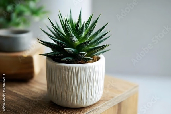 Fototapeta Close-Up of a Stylish Succulent Plant in a Modern Pot on a Wooden Surface