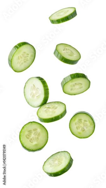 Fototapeta Falling cucumber slice isolated on transparent background