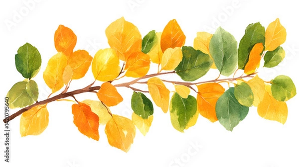 Fototapeta A branch with leaves that are orange and yellow isolated on a transparent background