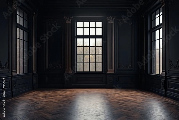 Fototapeta Grand, dark, opulent room with large windows