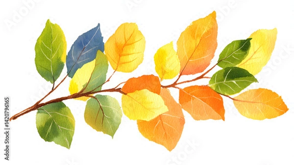 Fototapeta A branch with leaves that are orange and yellow isolated on a transparent background
