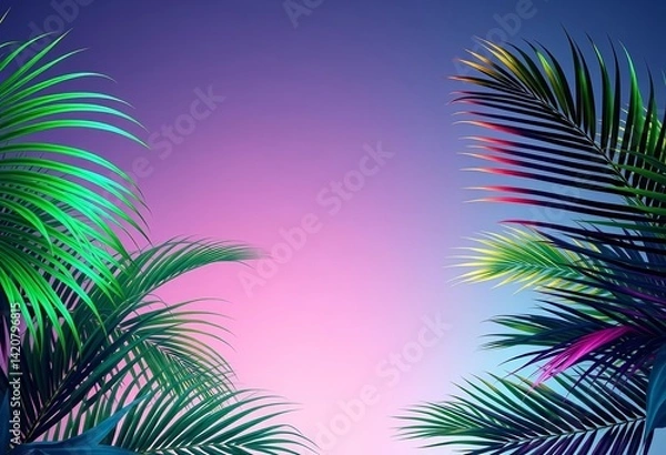 Obraz Holographic neon gradient palm leaves tropical background, stock, summertime
