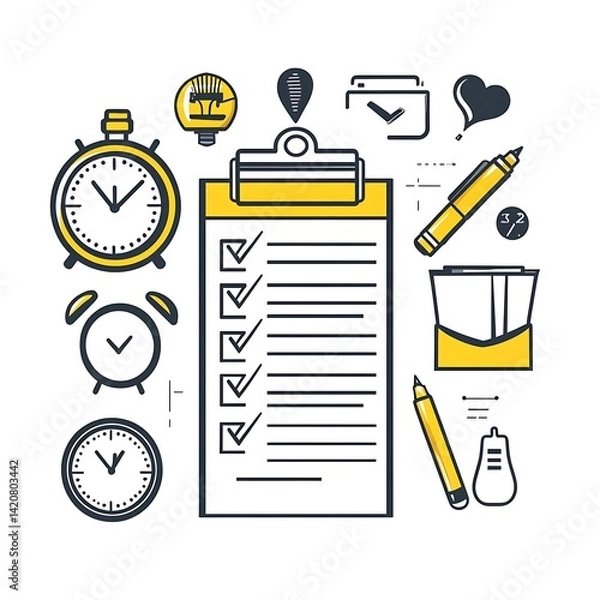 Obraz Colorful Cluttered Desk with Clocks and Checklist Illustration