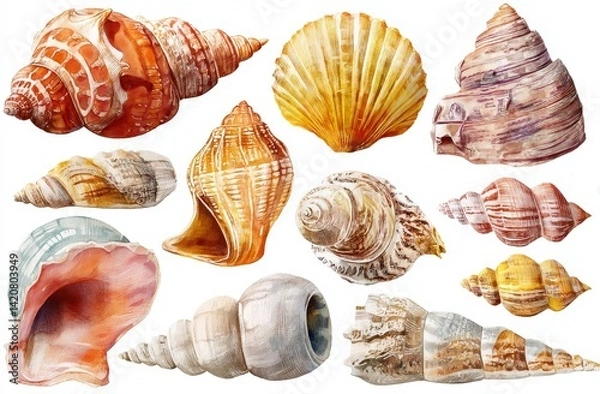 Fototapeta Seashells: Watercolor Collection of Ocean Spiral Shells, Scallops, and Unique Conches, Beautifully Illustrated
