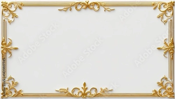 Fototapeta AI Generative. Elegant white background with luxurious gold ornamental borders. Simple gold flourishes in all four corners and along the top and bottom, with a vintage style. 6