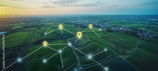 Fototapeta Aerial view of land with network markers representing land development planning and connectivity,



