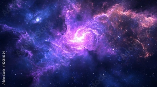 Fototapeta Dynamic space banner featuring spiral nebula patterns, scattered stellar formations, luminous cosmic particles, blending galaxy colors in violet and azure, flowing stellar clouds, ultra-detailed