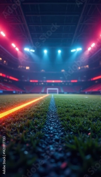 Fototapeta Futuristic indoor soccer arena, glowing neon lines, football at center, background, speed, illustration