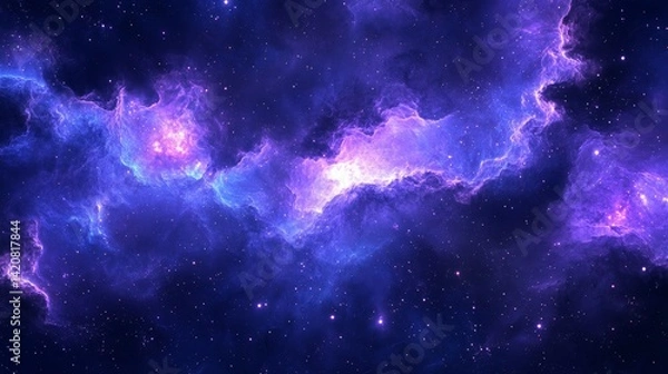 Fototapeta Horizontal cosmic banner with swirling purple-blue nebula clouds, scattered luminous stardust particles, brilliantly glowing stars, deep space atmosphere, realistic astronomical details, flowing