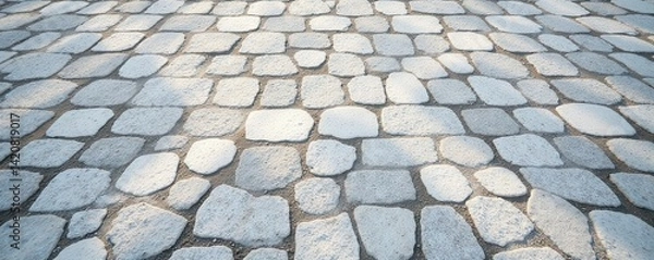Fototapeta Geometric white painted pattern on stone cobblestones , white, contrast