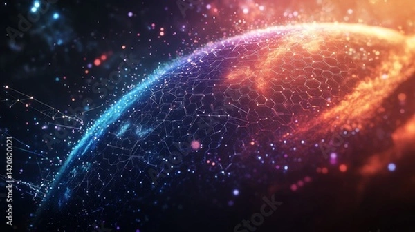 Fototapeta Low-poly stylized planet construction with hexagonal surface segments, pulsing energy grid patterns flowing across topology, orbital ring system made of floating holographic UI elements, particle