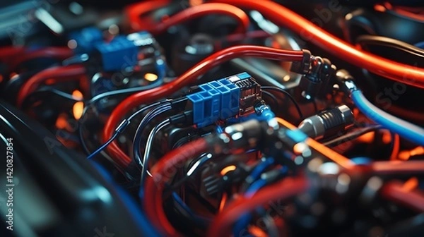 Fototapeta Colorful wiring harnesses in a car engine symbolize connectivity and efficiency,


