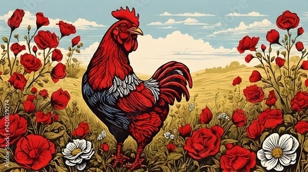 Fototapeta Red rooster standing in flowers field linocut illustration.generative.ai
