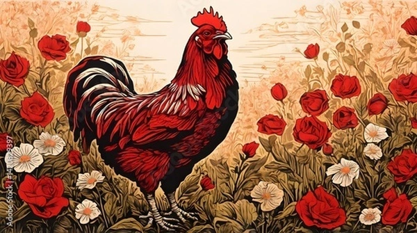 Fototapeta Red rooster standing in flowers field linocut illustration.generative.ai
