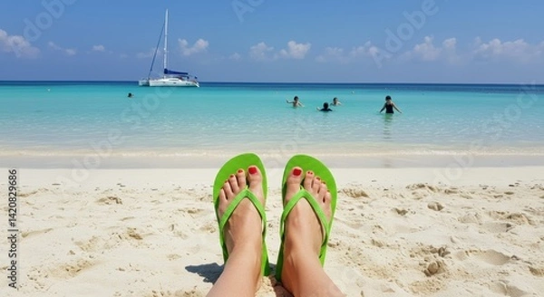 Obraz Relaxing at the Beach with Green Flip Flops and Ocean View