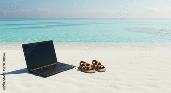 Obraz Laptop and Sandals on Sandy Beach Near Turquoise Ocean, travel and work lifestyle concepts