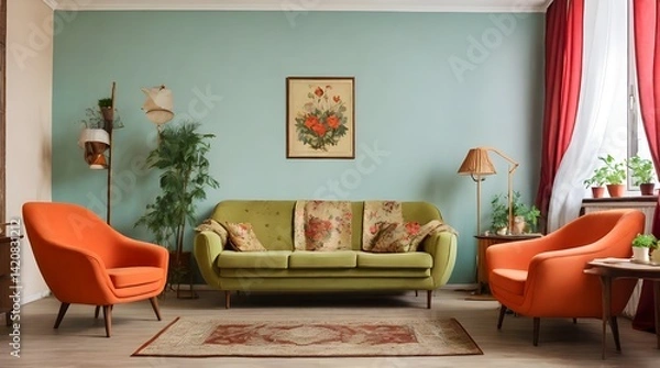 Fototapeta Typical Soviet style apartment with vintage furnishing and retro.generative.ai