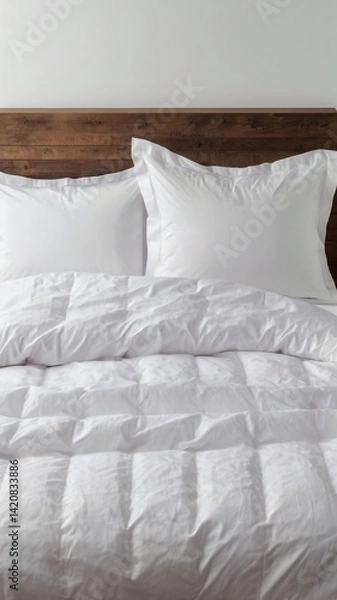 Fototapeta Snow-white bed linen is neatly laid out on two pillows lying on top of a duvet on a white background. Front view close-up photo. Suitable for mockups.