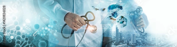 Obraz Digital healthcare and doctor working with professional team on network, laboratory research and development. Medical technology service to solve people health, Business and medical insurance.