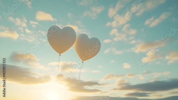 Fototapeta Two balloons floating in the sky with hearts attached drifting gently in the breeze