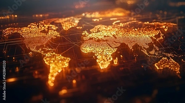 Fototapeta A glowing world map with digital connections symbolizing global opportunities for 2025