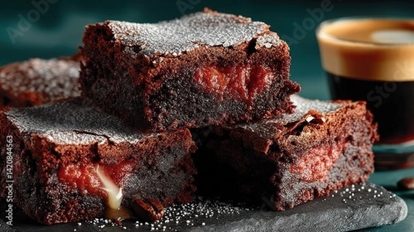 Obraz Rich cocoa-dusted brownies artfully served on textured slate, complemented by a shot of espresso, all against a dark, moody background. 