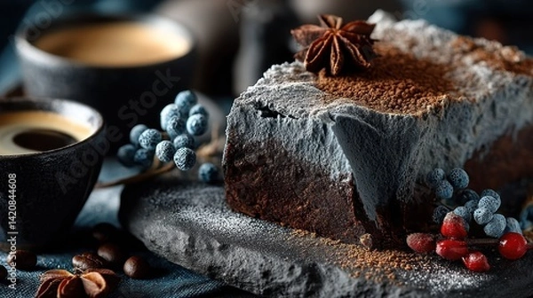Obraz Rich cocoa-dusted brownies artfully served on textured slate, complemented by a shot of espresso, all against a dark, moody background. 