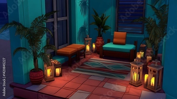 Fototapeta A cozy outdoor seating area adorned with plants and lanterns, ideal for relaxation.