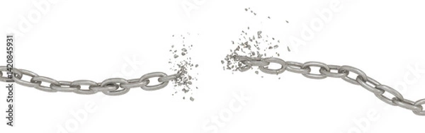 Fototapeta Chain Break 3D: High-contrast image of a fractured silver chain on black. Represents liberation, escape, or the breaking of constraints.