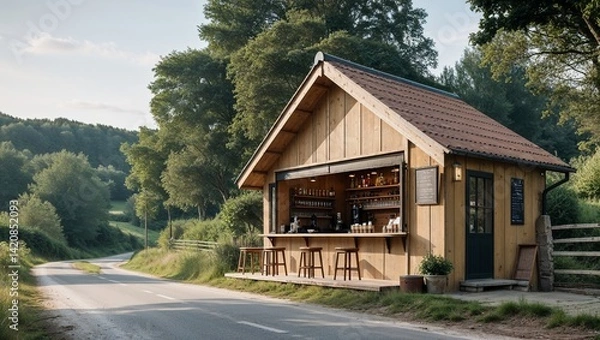 Fototapeta a rustic, small coffee shop , rural setting. The shop is housed in a quaint wooden structure with a sloping roof, blending harmoniously with the surrounding greenery.