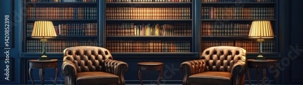 Fototapeta Luxurious Study Nook with Bookshelves and Armchairs