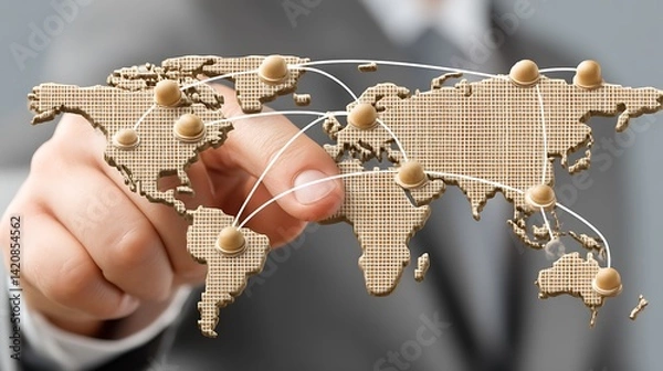 Obraz Hand Pointing at a 3D Brown Grid World Map Showing Global Connections
