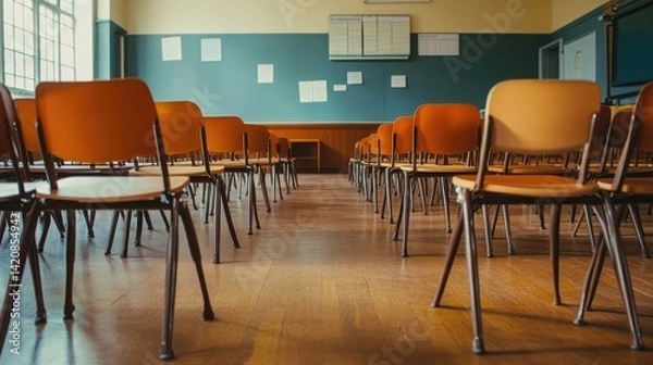 Fototapeta Empty classroom with vintage tone wooden chairs for back-to-school concept