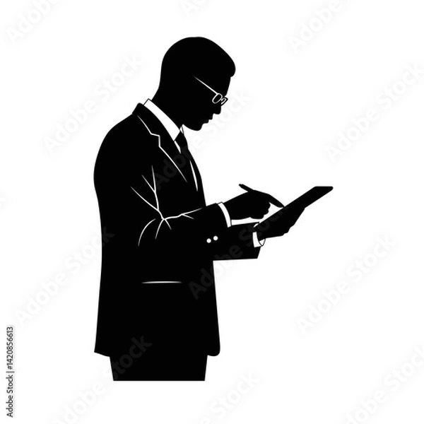 Fototapeta Businessman writing notes on tablet silhouette  