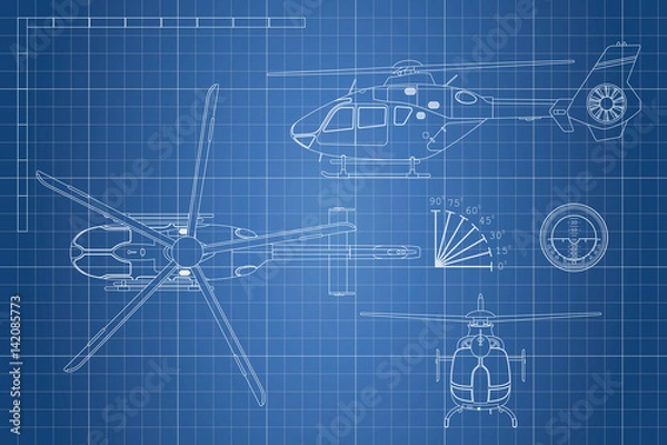 Obraz Projekt inżynieryjny helikoptera. Widok śmigłowców: góra, bok, przód. Rysunek przemysłowy