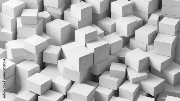 Fototapeta Heap of different scaled white boxes geometrical background wallpaper banner pattern flat lay from above, fading out with copy space