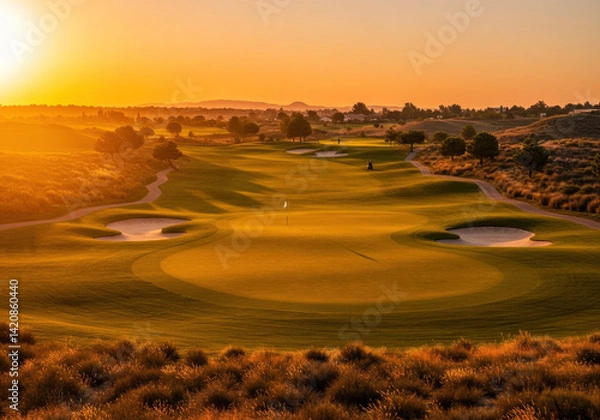 Fototapeta Sun sets over desert golf club's 18th hole, casting a golden glow on the course as players finish their rounds amidst the tranquil landscape.