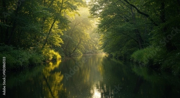 Obraz River flows through a green forest with sunlight filtering through the trees.