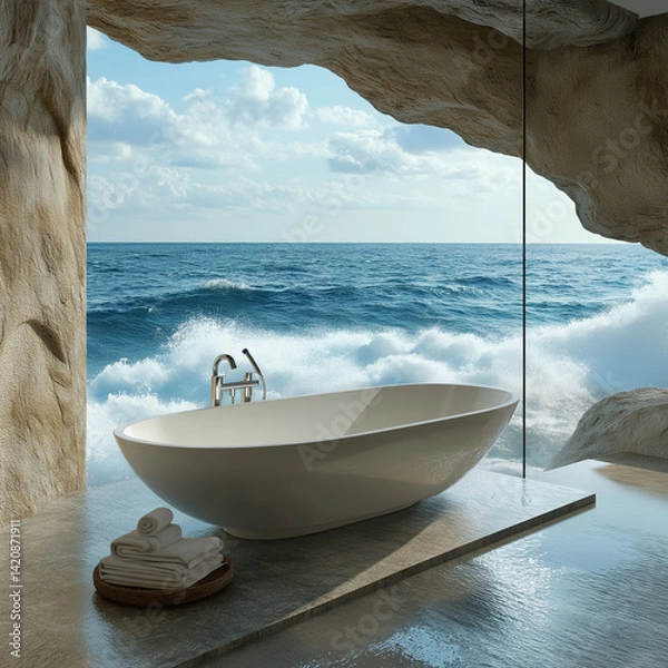 Fototapeta luxury tub perched on a cliffside with an ocean view and crashing waves below.