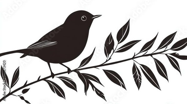 Obraz Black Silhouette Bird Perched on Branch with Leaves Graphic Design