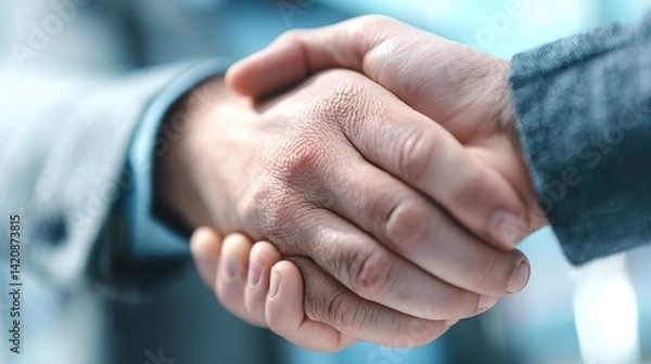 Fototapeta Two people shaking hands in a close-up shot symbolizing agreement or partnership.