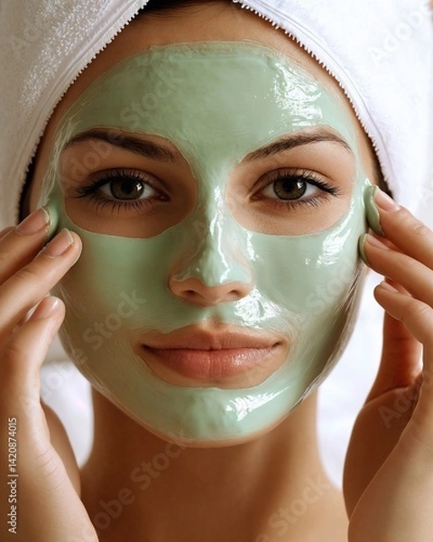 Fototapeta Close-up of rejuvenating face mask on woman's skin, natural skincare treatment with soft and radiant complexion on neutral background