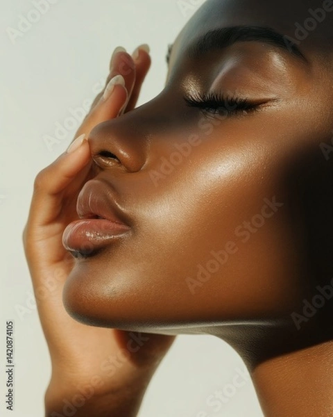 Fototapeta Close-up of clean and fresh face of Black woman after cleansing with glowing skin, soft lighting, minimal background