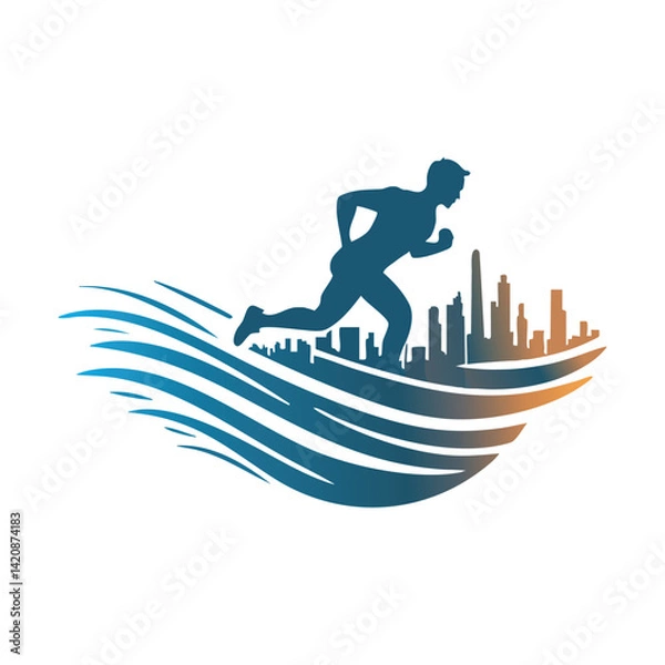 Fototapeta Dynamic Running Silhouette with Cityscape and Stylized Wave Design

