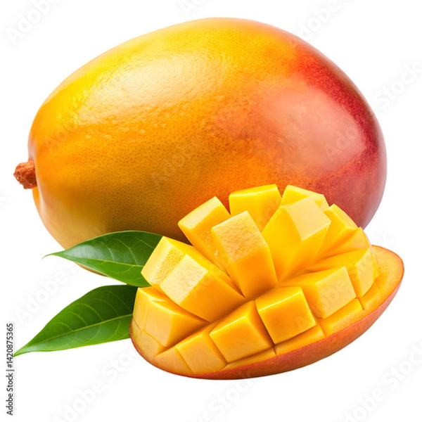 Fototapeta Mango isolated. Ripe yellow mango and sliced mango on a white background