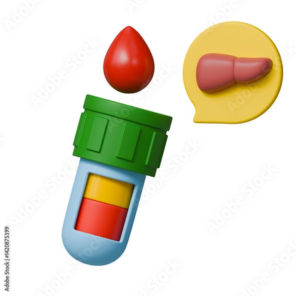Obraz Clinical chemistry 3d icon. Liver function test concept with heparin blood sample and liver icon.