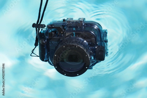 Fototapeta Camera in waterproof box for underwater photo and video in swimming pool. 