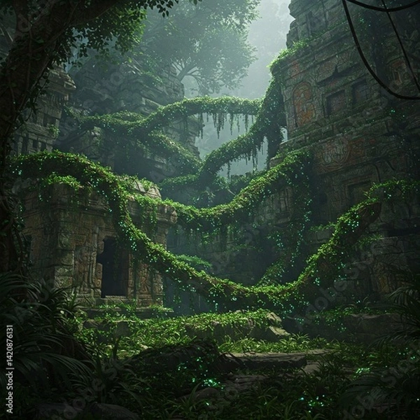 Fototapeta Lost Jungle Ruins: Ancient Structures Entwined with Lush Vines, Creating a Mystical Atmosphere Where Nature Reclaims Its Secrets.